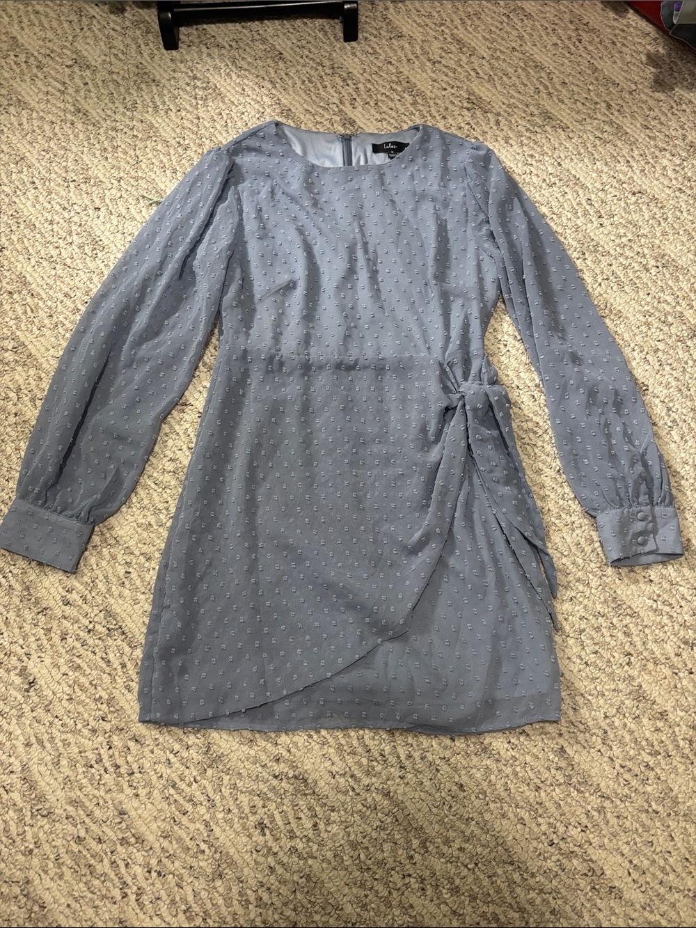 Lulu's Dusty Blue Long-Sleeve Wrap-Tie Mini Dress
